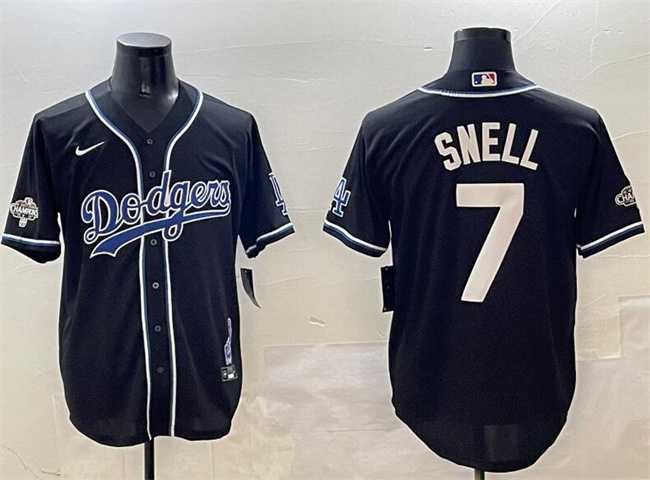 Mens Los Angeles Dodgers #7 Blake Snell Black 2024 World Series Champions Cool Base Stitched Jersey